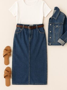 Eddie Bauer Denim Midi Skirt Women’s Blue Elastic Waist Jean Skirt